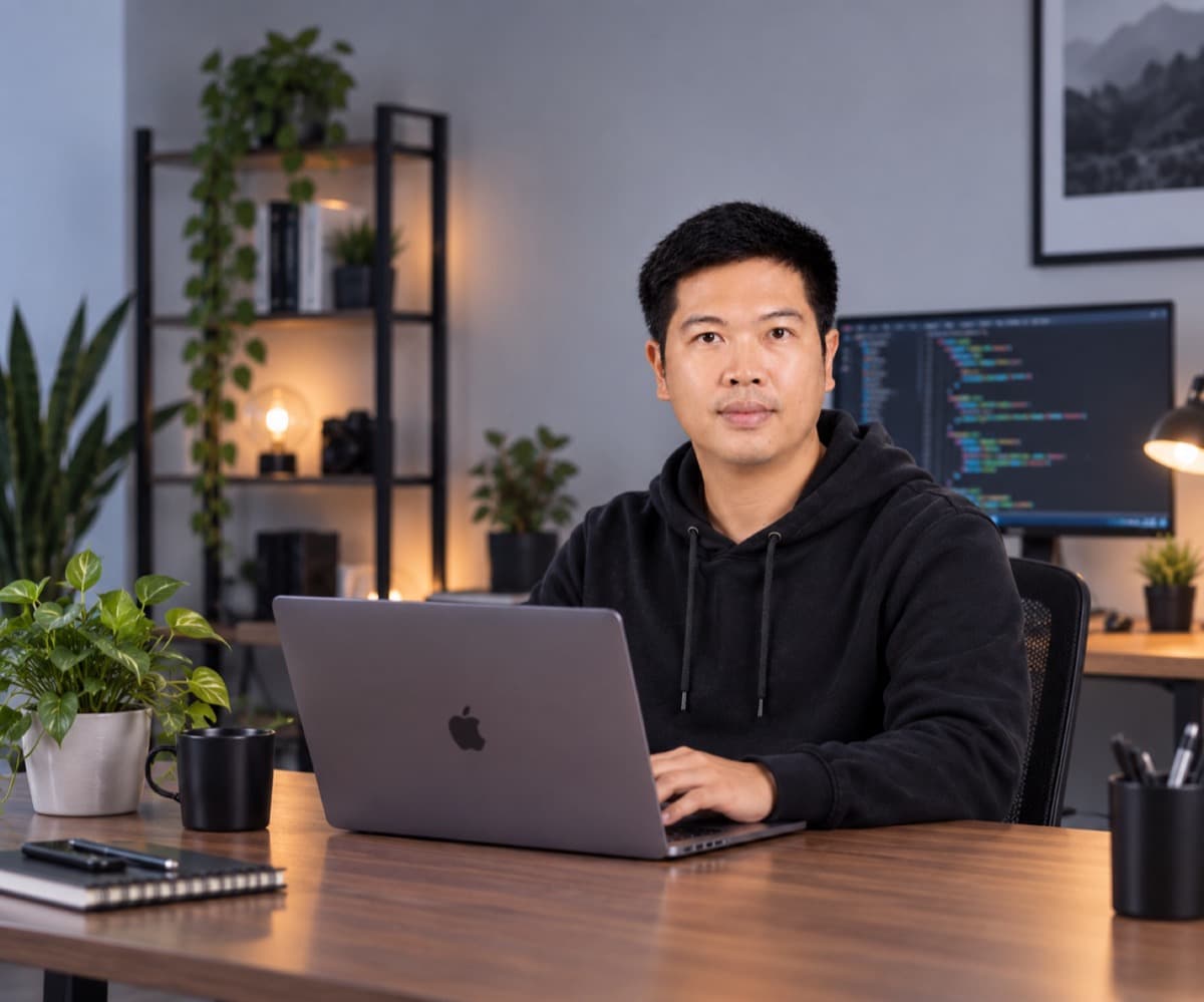 Phone Myint at his desk, building software
